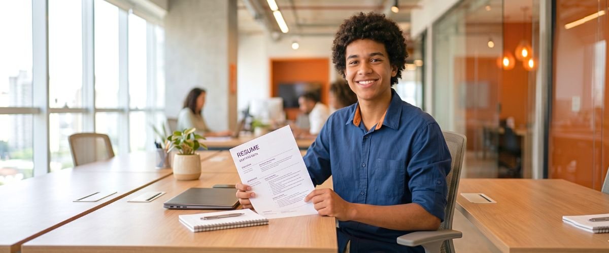 Jovem aprendiz com currículo profissional em mãos, confiante para o mercado de trabalho